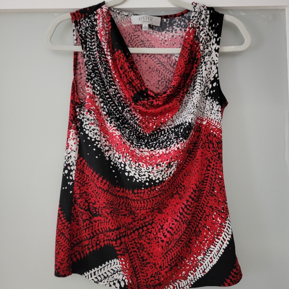 Cowl neck red blouse.